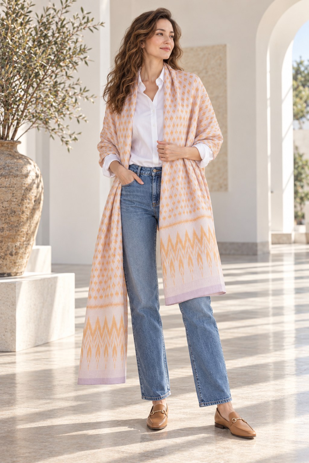 Marigold Rain — Mudmee Silk in Blush and Orange — Shawl — the whole cloth, uncut